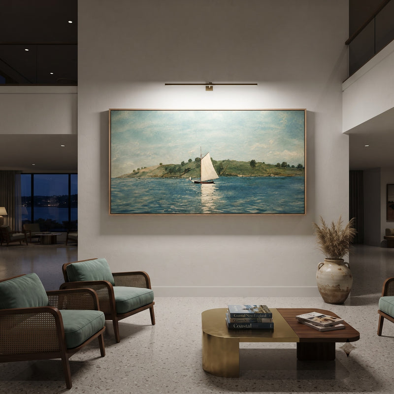 "Island Crossing" - Sailboat Island Landscape Painting | Blue Green White Horizontal Coastal Wall Art
