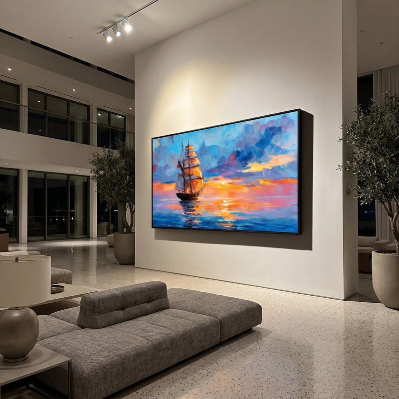 "Sunset Clipper" - Colorful Sailing Ship Sunset Painting | Blue Orange Pink Horizontal Coastal Wall Art