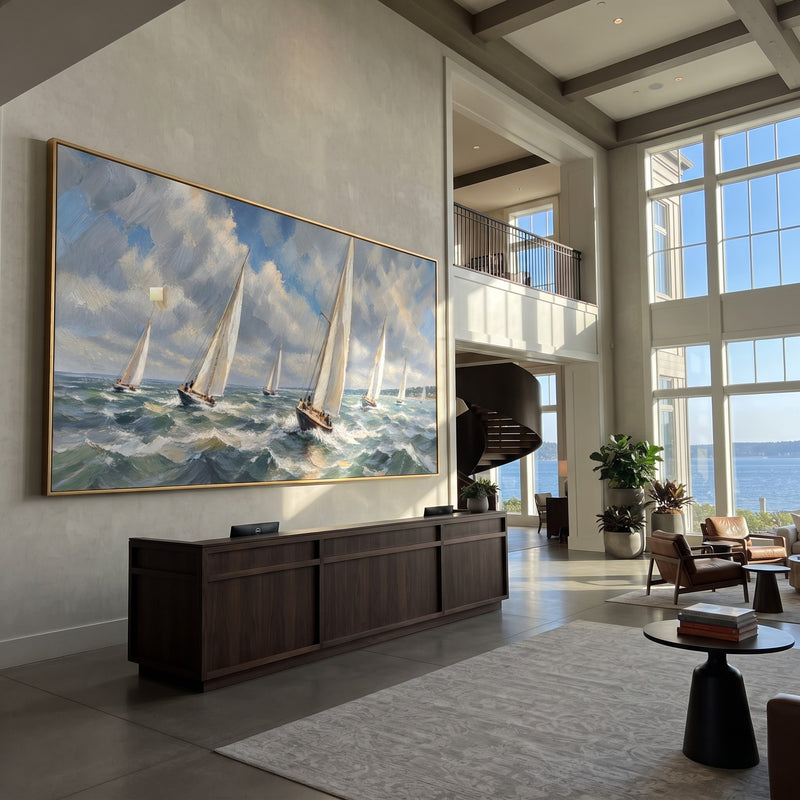 "Windward Race" - Blue White Sailboat Regatta Painting | Blue White Grey Horizontal Coastal Wall Art