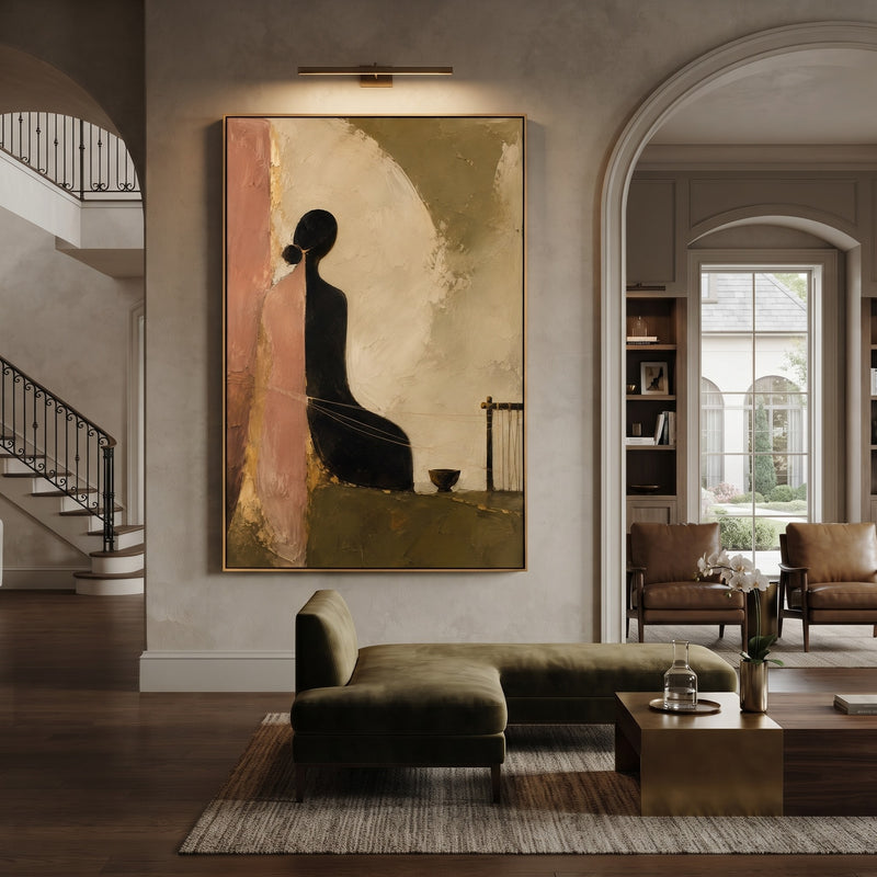 "Olive Stillness" - Minimalist Seated Woman | Beige Blush & Olive Contemporary Figure Art