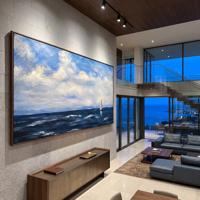 "Far Horizon" - Minimalist Sailboat Ocean Painting | Blue White Grey Horizontal Coastal Wall Art
