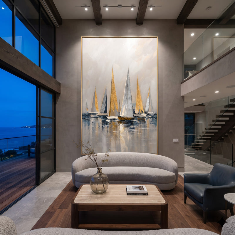 "Gilded Regatta" - Gold White Sailboat Painting | Gold White Grey Vertical Coastal Wall Art