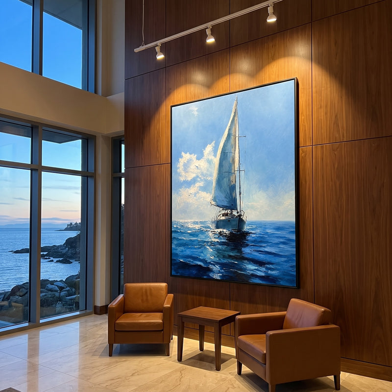 "Bluewater Passage" - Blue Sailboat Seascape Painting | Blue White Vertical Coastal Wall Art