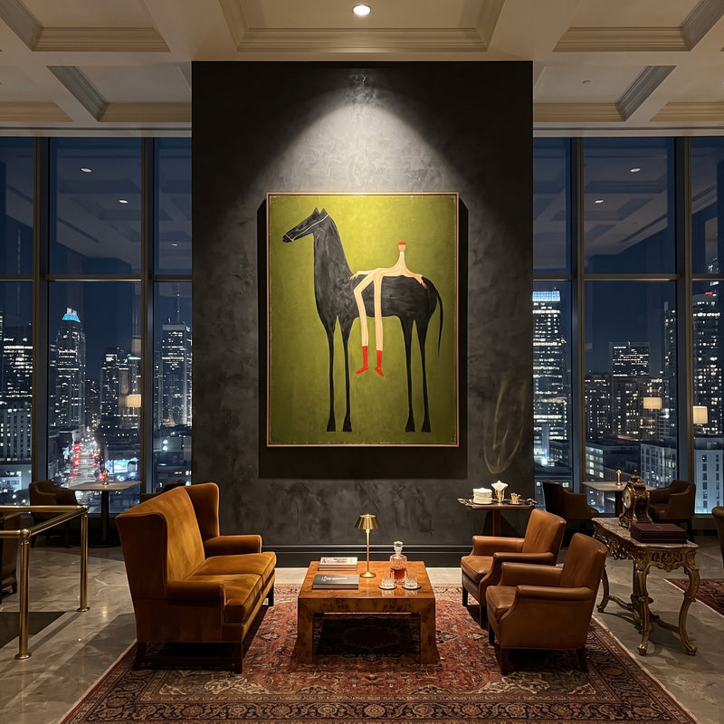 "The Rider" - Contemporary Naive Horse & Figure | Olive Green & Black Statement Art