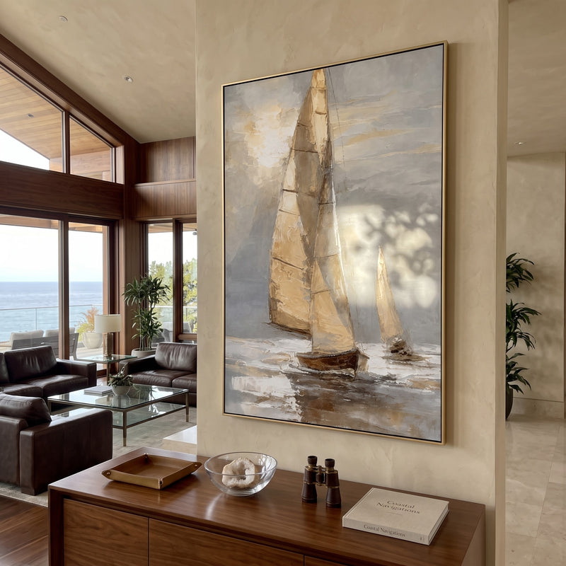 "Golden Wind" - Beige Sailboat Impasto Painting | Ivory Gold & Grey Vertical Coastal Wall Art