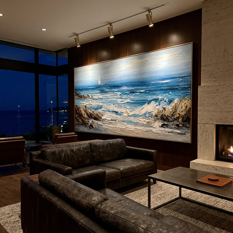 "Rocky Passage" - Sailboat Coastal Seascape Painting | Blue White Grey Horizontal Coastal Wall Art