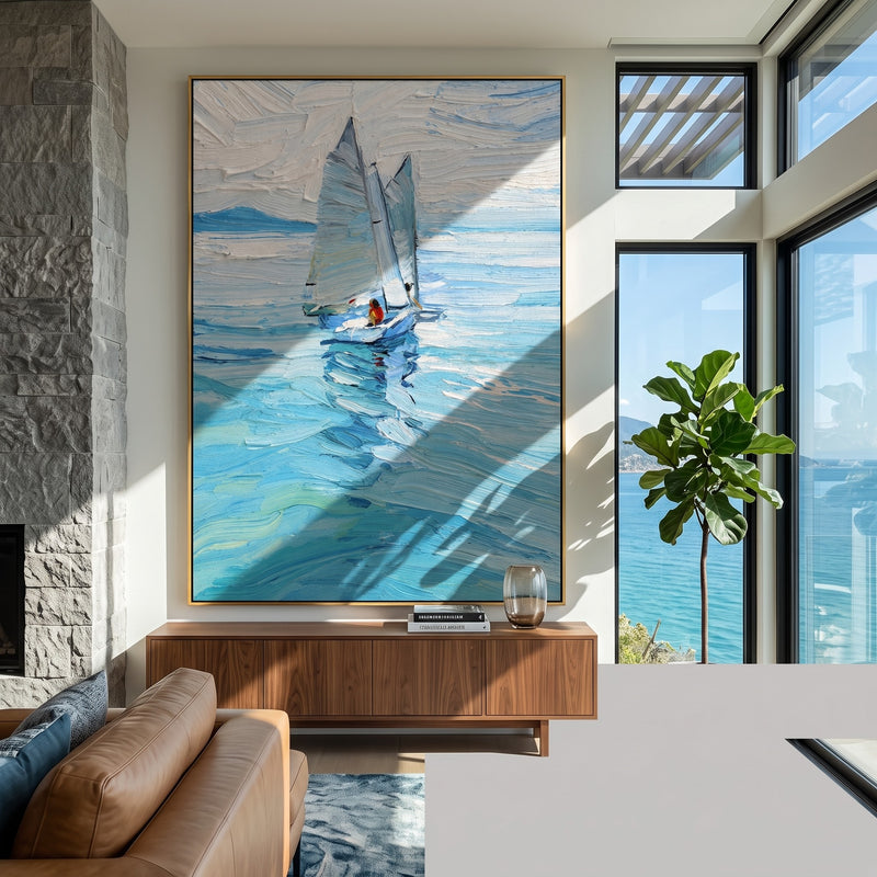 "Turquoise Current" - Blue Green Sailboat Painting | Blue Green White Vertical Coastal Wall Art