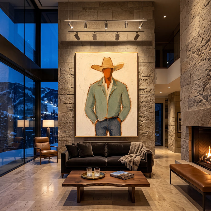 "Stylized Cowboy in Green" – Expressive Impasto Western Art | 3D Layered Neutral & Earthy Canvas | Luxury Vertical Wall Art#PE 007