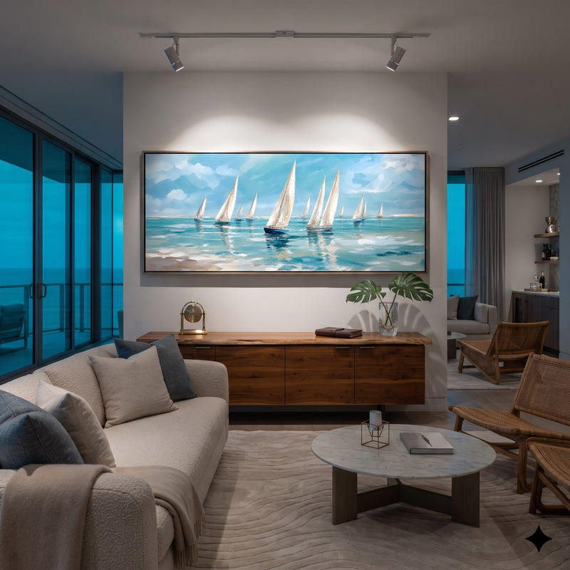 "Caribbean Regatta" - Turquoise Sailboat Fleet Painting | Blue Green White Horizontal Coastal Wall Art