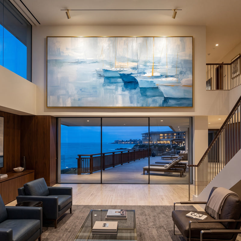 "Harbor Haze" - Blue White Marina Painting | Blue White Grey Horizontal Coastal Wall Art