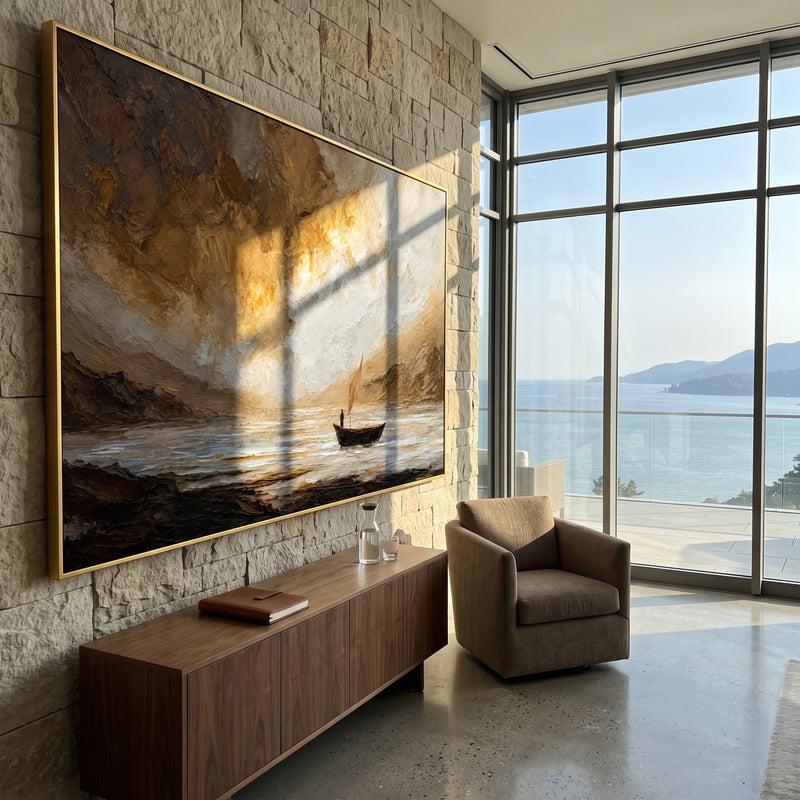 "Stormlit Passage" - Moody Sailboat Seascape | Brown Gold Grey Horizontal Coastal Wall Art