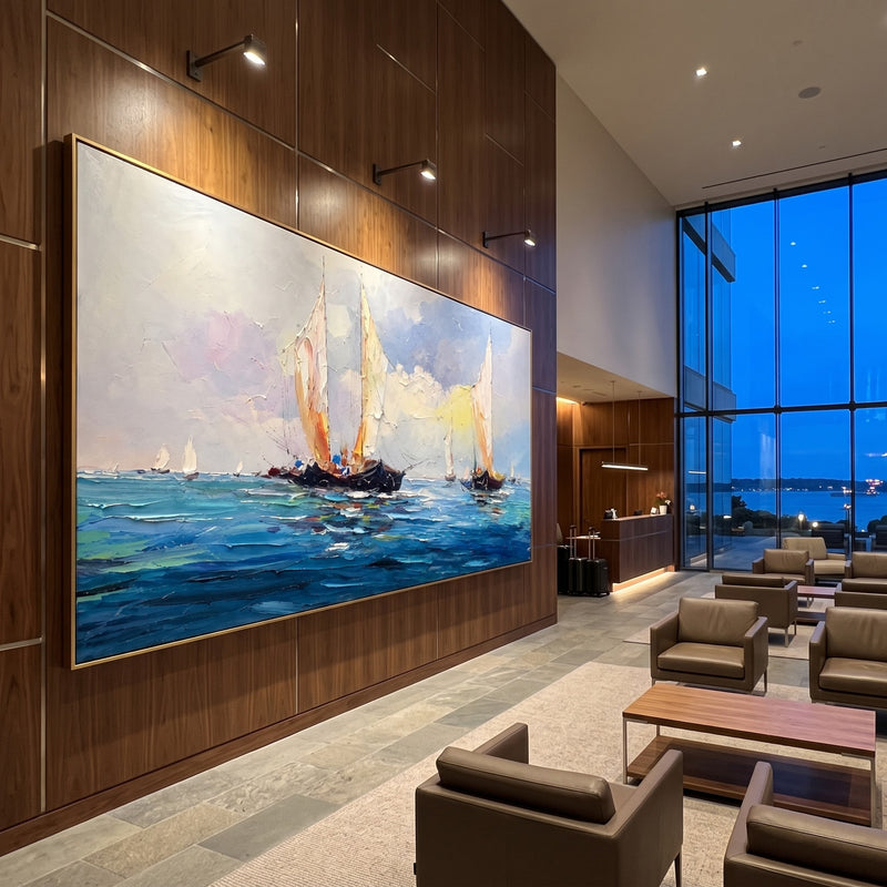 "Sails on the Horizon" - Impressionist Regatta Seascape | Blue Pink & White Horizontal Sailboat Wall Art