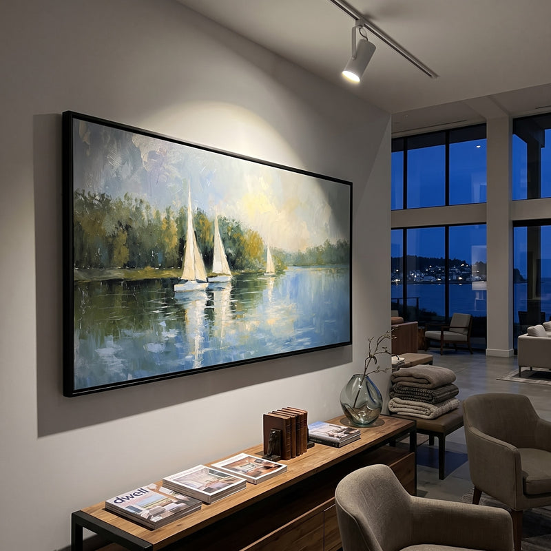 "Greenwater Sails" - Lake Sailboat Landscape Painting | Green Blue White Horizontal Coastal Wall Art