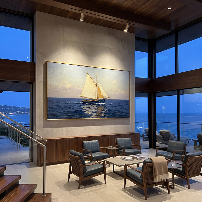 "Golden Schooner" - Beige Sailboat Ocean Painting | Beige Gold Blue Horizontal Coastal Wall Art
