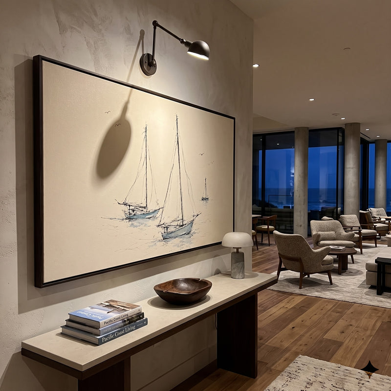 "Quiet Fleet" - Minimalist Sailboat Sketch Painting | Black White Grey Horizontal Coastal Wall Art