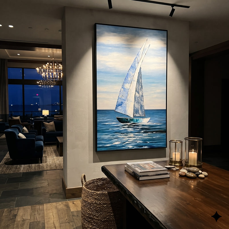 "Open Blue" - Minimalist Blue Sailboat Painting | Blue White Grey Vertical Coastal Wall Art