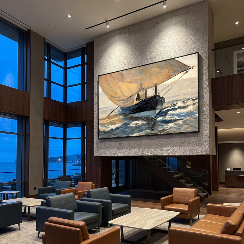 "Working Sail" - Vintage Sailboat Seascape Painting | Brown Beige Grey Horizontal Coastal Wall Art