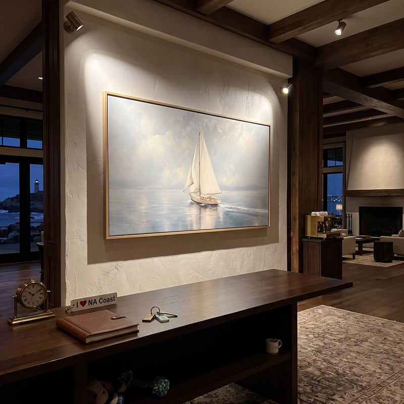"Morning Passage" - Minimalist White Sailboat Seascape | White Blue Grey Horizontal Coastal Wall Art