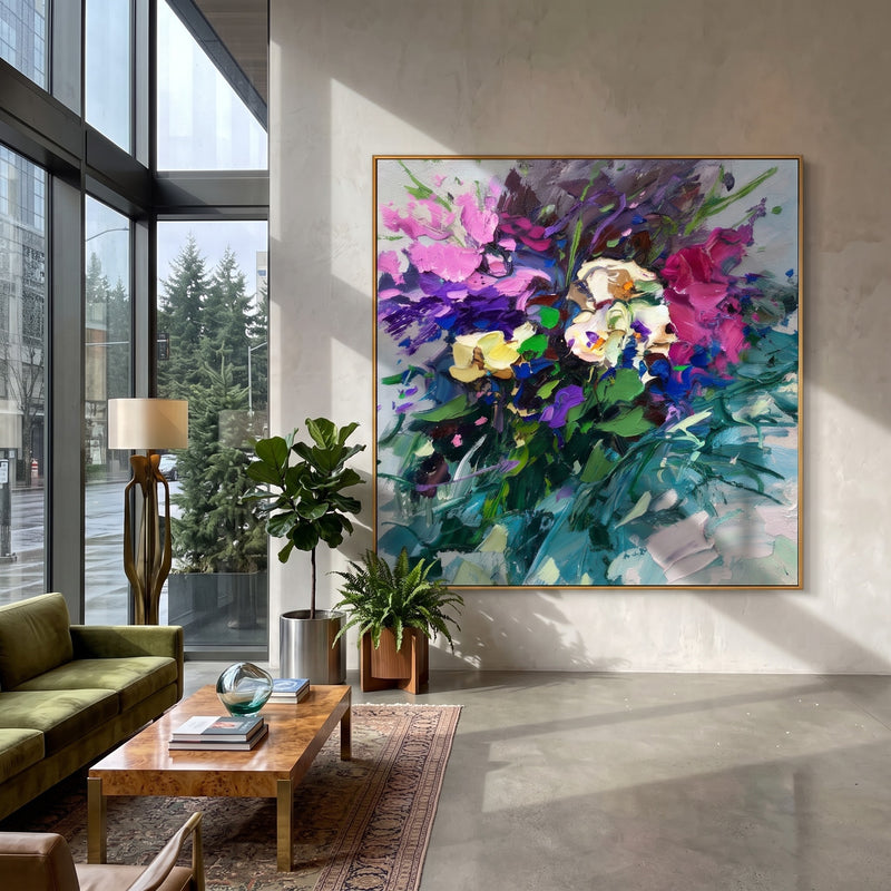 "Wildflower Chorus" - Colorful Floral Impasto Painting | Pink Orange Yellow Square Botanical Wall Art