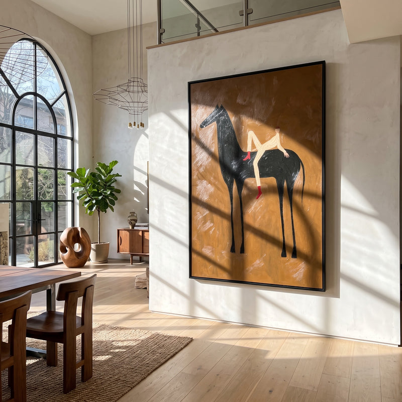 "Desert Steed" - Minimalist Black Horse Painting | Black Brown Beige Vertical Animal Wall Art