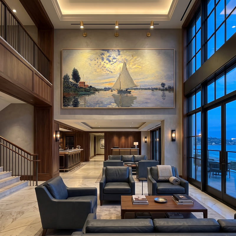"Evening Mooring" - Sailboat River Landscape Painting | Gold Blue Grey Horizontal Coastal Wall Art