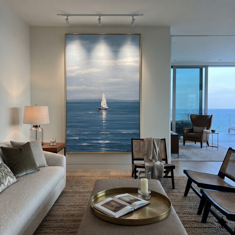 "Blue Solitude" - Minimalist Blue Sailboat Seascape | Blue White Grey Vertical Coastal Wall Art