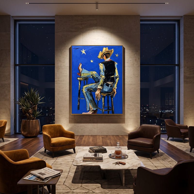 "Starlight Cowboy" – Bold Abstract Impasto Artwork | High-Contrast Western Wall Decor | Contemporary Vertical Statement Piece #PE 016