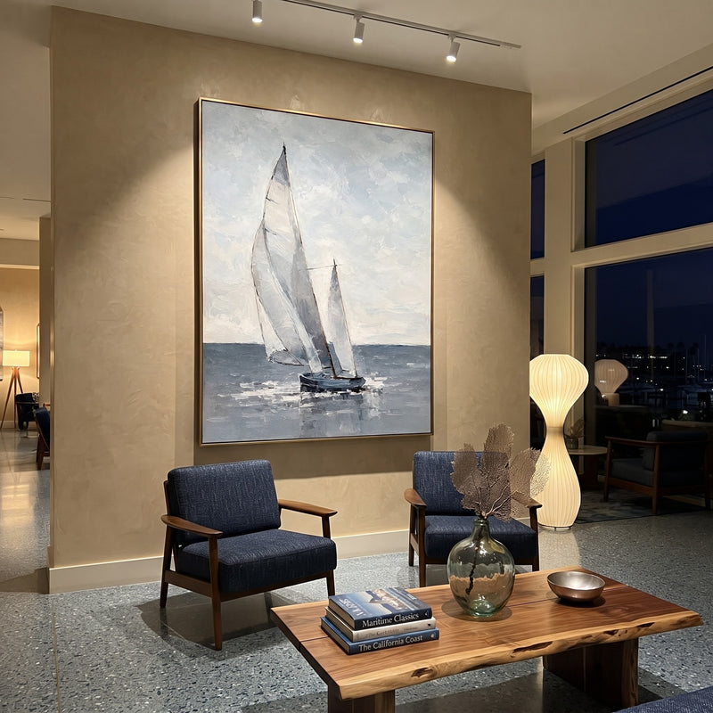 "Silver Wind" - Grey White Sailboat Painting | Grey White Blue Vertical Coastal Wall Art