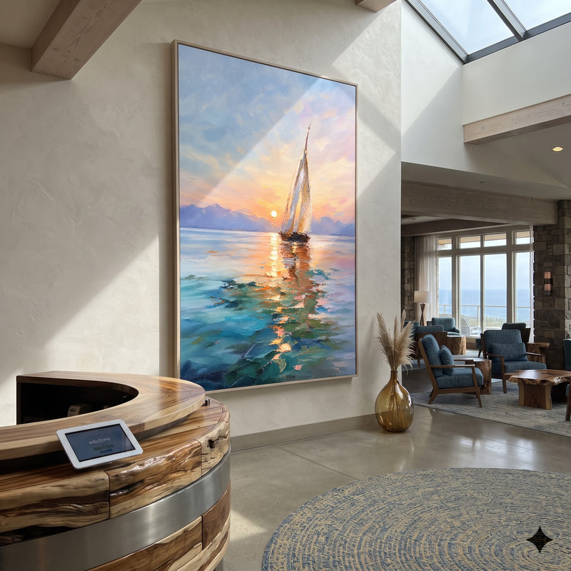 "Sunset Crossing" - Sailboat Sunset Ocean Painting | Blue Orange Pink Vertical Coastal Wall Art