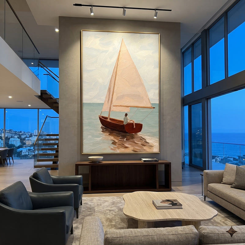 "Blush Sail" - Pink Sailboat Coastal Painting | Pink Beige Blue Vertical Coastal Wall Art