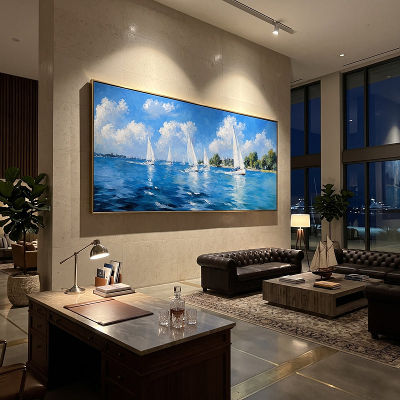 "Bluewater Regatta" - Blue Sailboat Fleet Painting | Blue White Green Horizontal Coastal Wall Art
