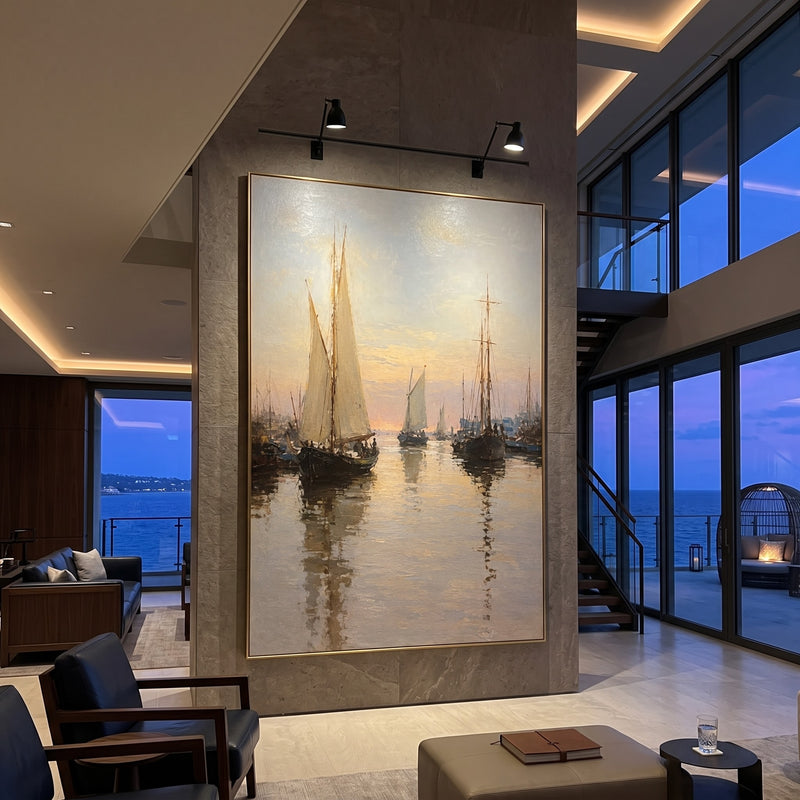 "Quiet Harbor" - Vintage Sailboat Harbor Painting | Beige Brown Grey Vertical Coastal Wall Art