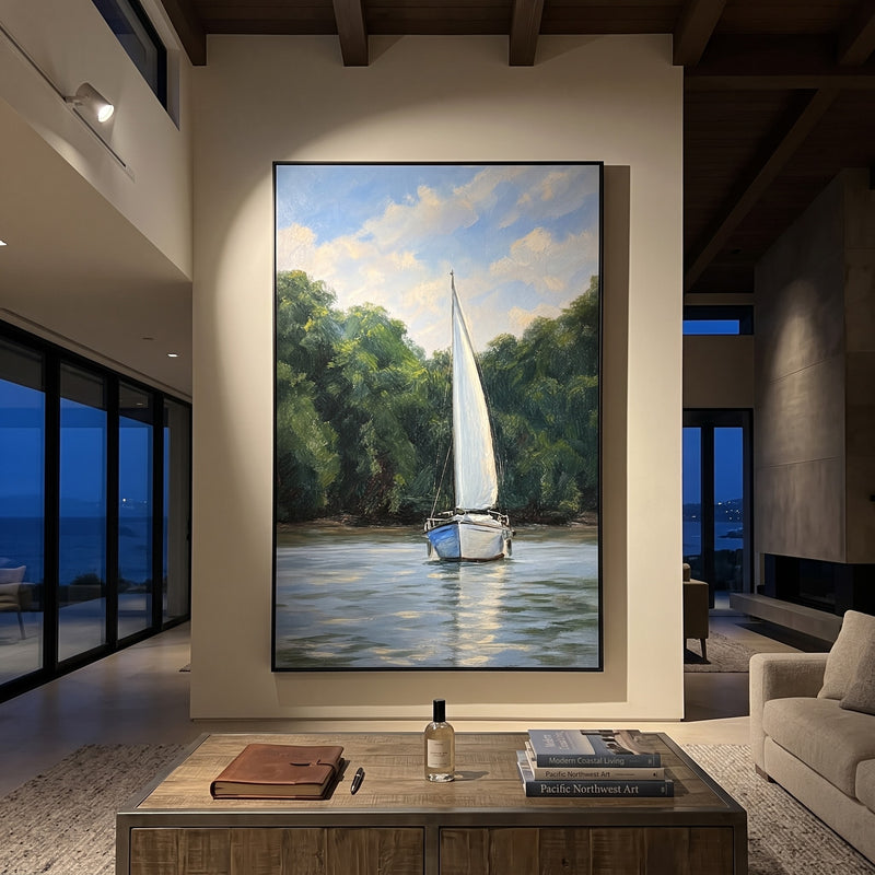 "Cove Arrival" - Sailboat Lake Landscape Painting | Blue Green White Vertical Coastal Wall Art