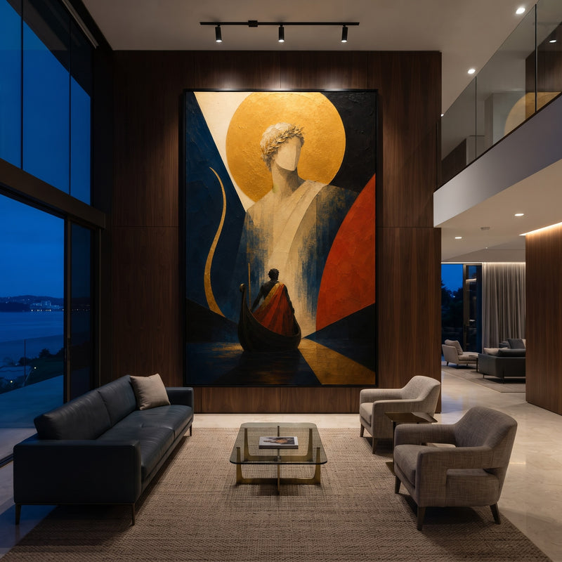 "Golden Passage" - Classical Figure & Boat | Blue Red & Gold Odyssey Mythology Wall Art