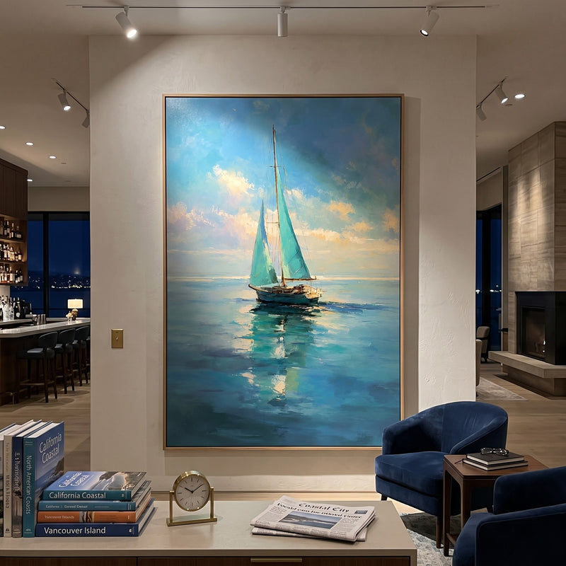 "Teal Harbor" - Green Sailboat Seascape Painting | Green Blue Gold Vertical Coastal Wall Art