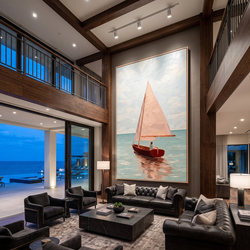 "Rose Sail" - Pink Sailboat Seascape Painting | Pink Beige Blue Vertical Coastal Wall Art