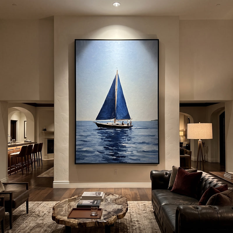 "Quiet Crossing" - Navy Blue Sailboat Ocean Painting | Blue White Vertical Coastal Wall Art