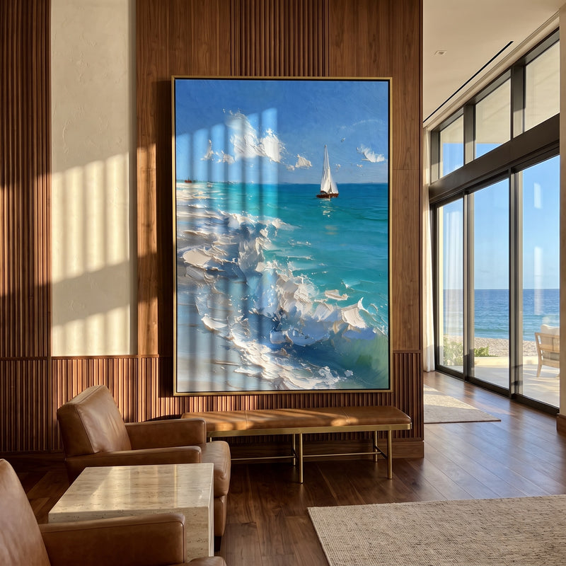 "Surfline Light" - Turquoise Ocean Wave Painting | Blue Green White Vertical Coastal Wall Art