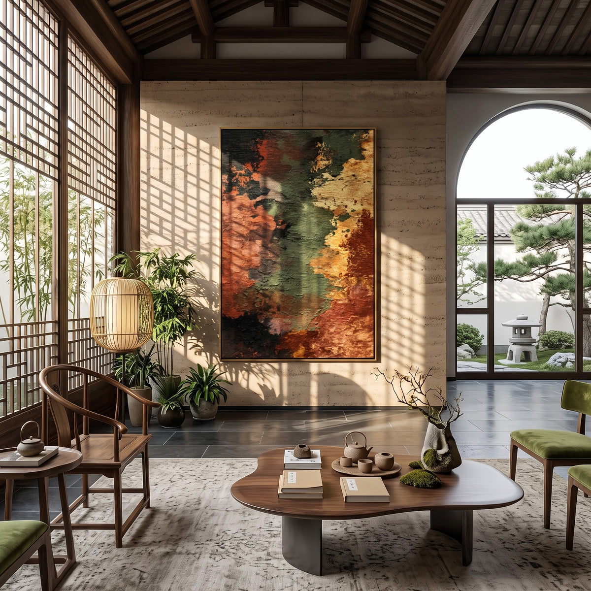 "Ember Fault" - Earth Tone Abstract Texture Painting | Rust Green & Gold Vertical Wall Art