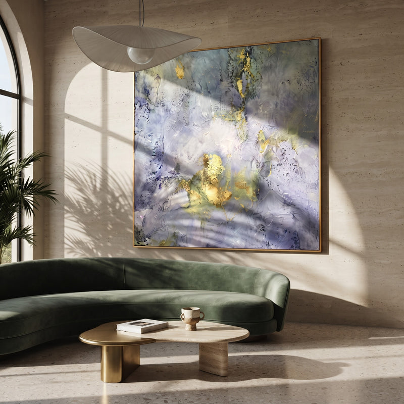 "Silver Drift" - White Blue Gold Textured Abstract | White Blue Grey Vertical Abstract Painting