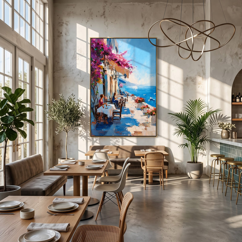 "Terrace by the Sea" - Mediterranean Seaside Cafe Painting | Blue Pink Orange Vertical Landscape Painting