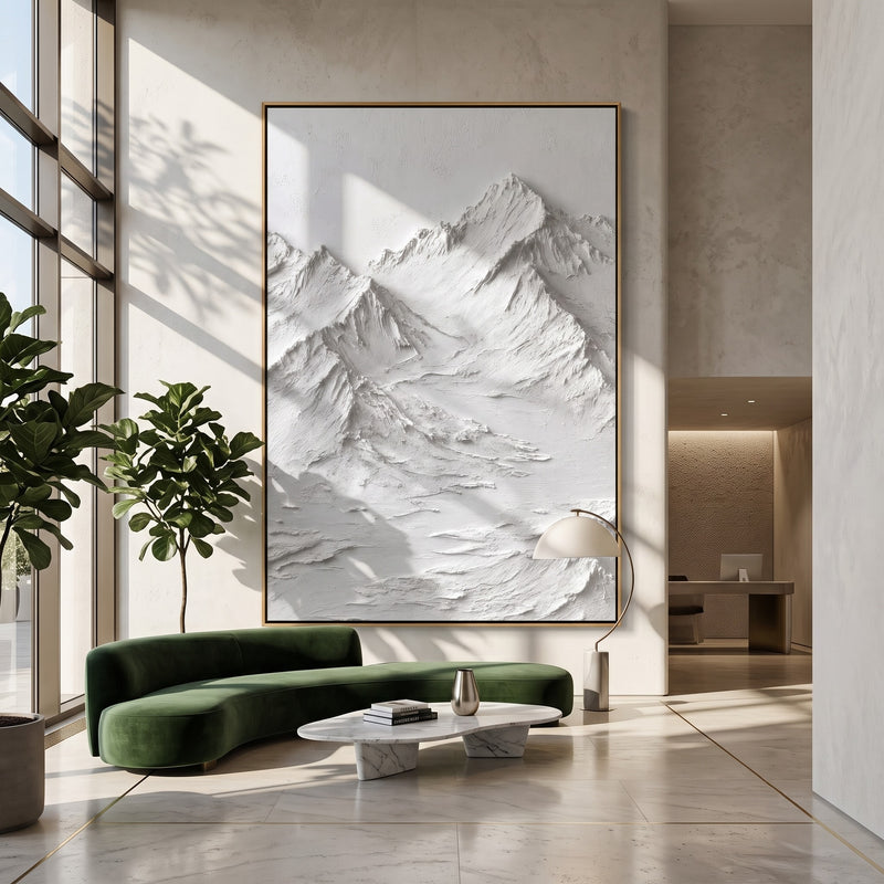 "Pale Summit" - 3D White Mountain Relief | White Beige Grey Vertical Wabi-Sabi Textured Art