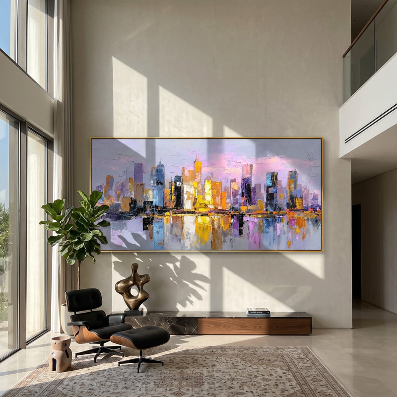 "City Afterglow" - Purple Gold City Skyline Painting | Purple Gold Blue Horizontal Landscape Painting