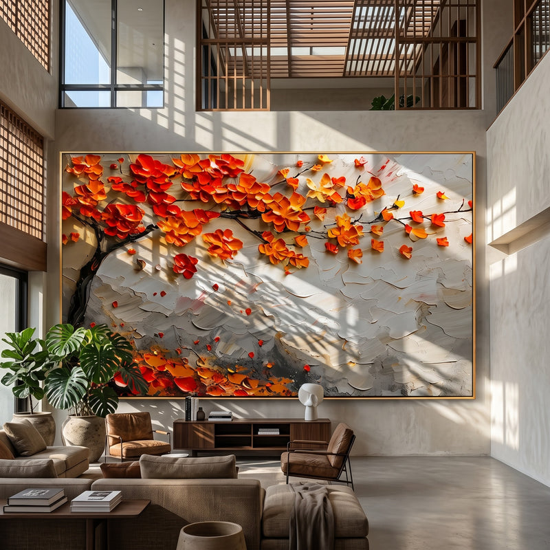 "Autumn Canopy" - Orange Blossom Tree Impasto Painting | White Grey & Gold Horizontal Wall Art