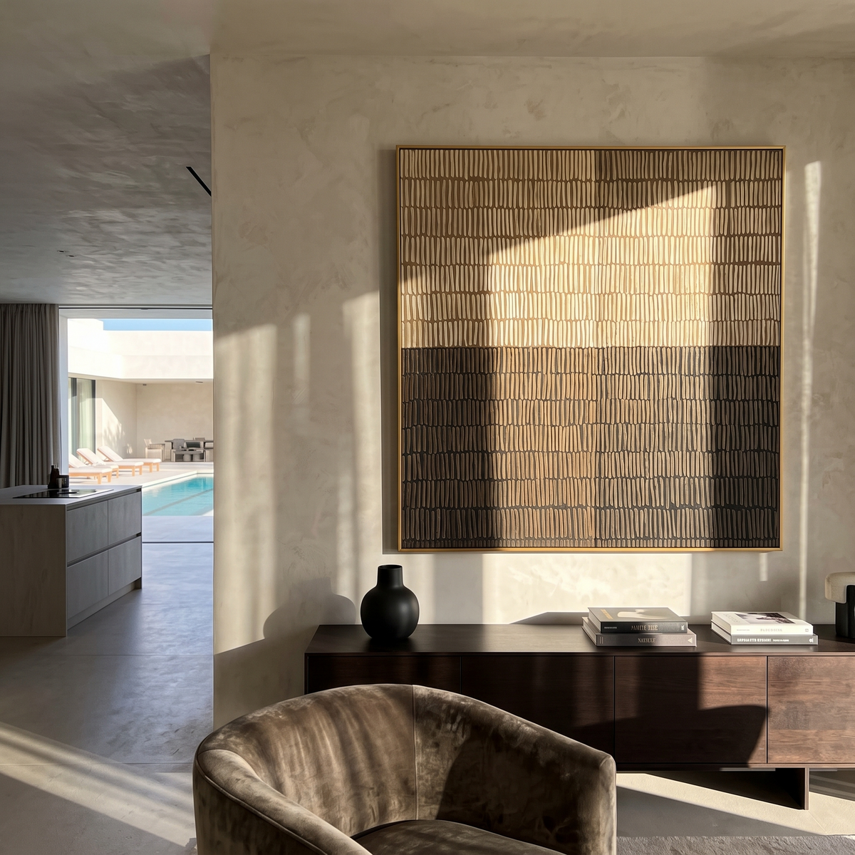 "Measured Silence" - 3D Minimalist Plaster Grid Relief | Beige Grey & Black Square Textured Art
