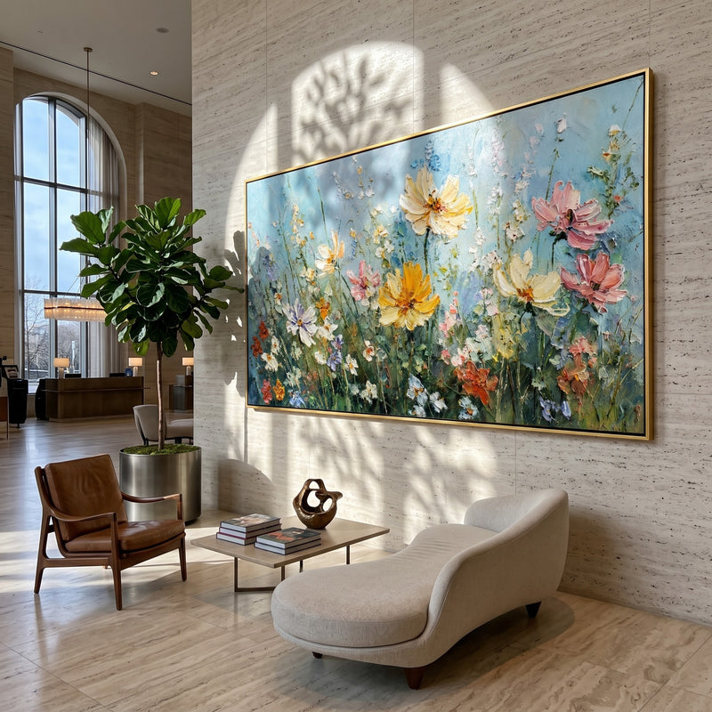 "Summer Field" - Blue Wildflower Meadow Painting | Blue Green Pink Horizontal Botanical Wall Art