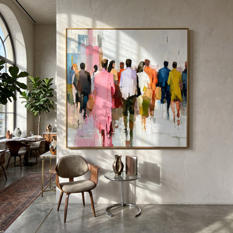"City Crossing" - Colorful Crowd Figure Painting | Pink Orange Blue Horizontal Contemporary Figurative Art