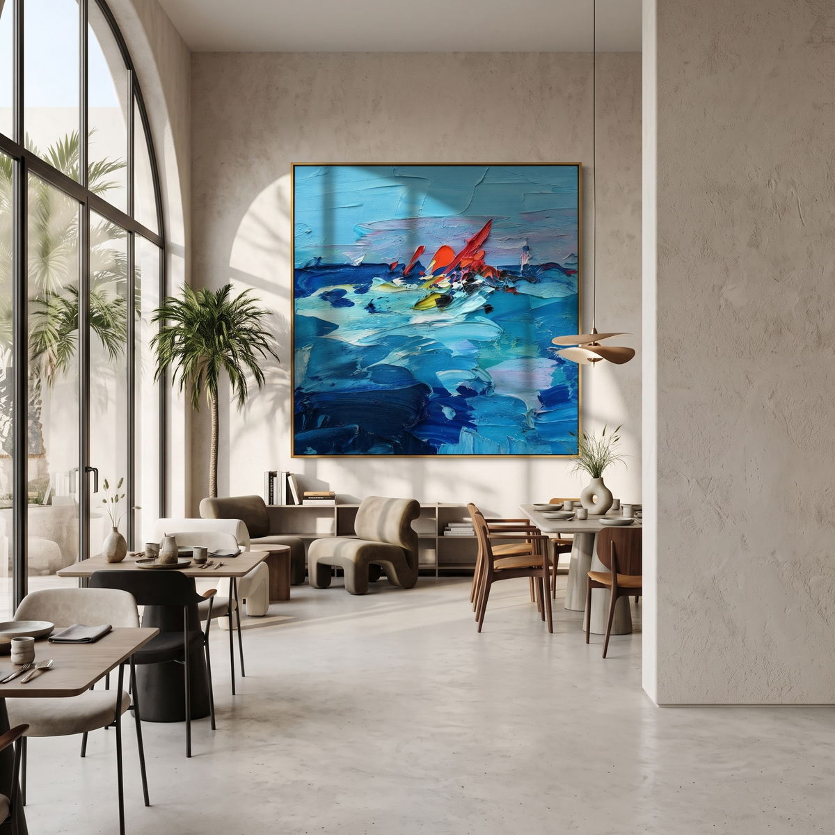 "Blue Current" - Colorful Impasto Ocean Painting | Blue Red & Yellow Seascape Wall Art