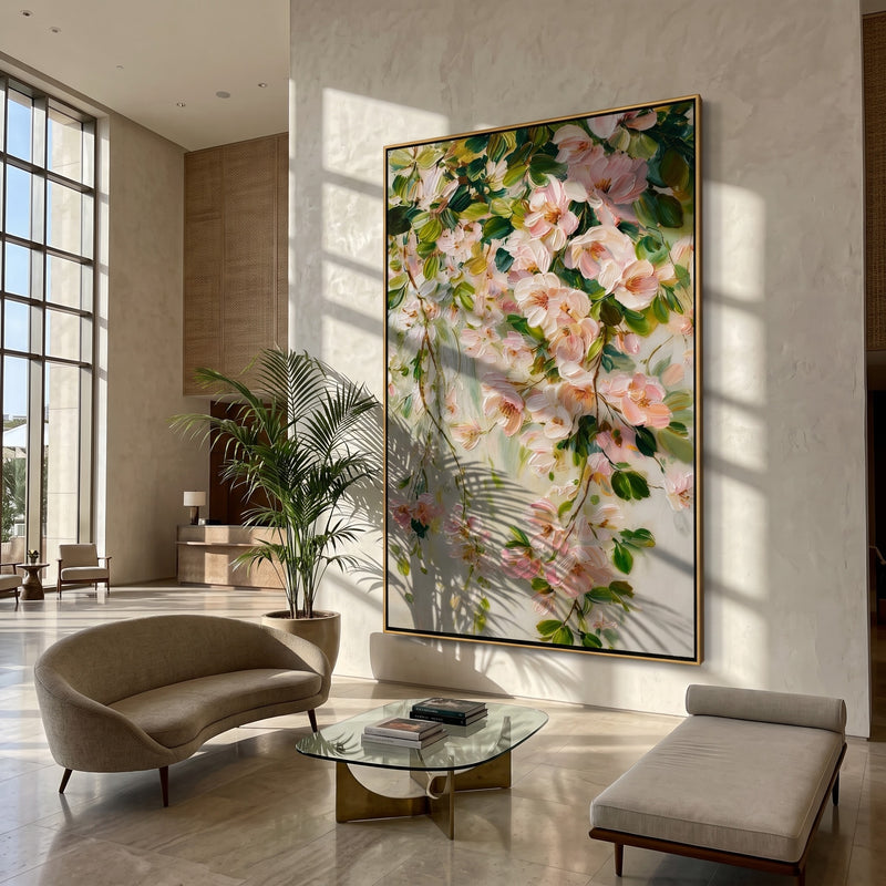 "Blush Canopy" - Pink Blossom Branch Painting | Pink Green White Vertical Botanical Wall Art