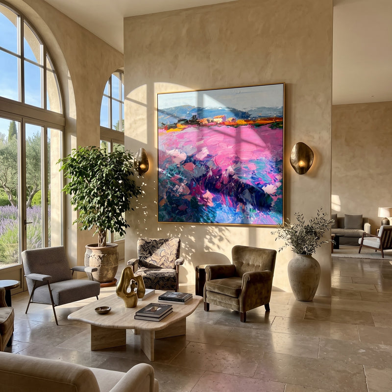 "Pink Terrain" - Colorful Impasto Landscape Painting | Blue Pink & Green Square Wall Art